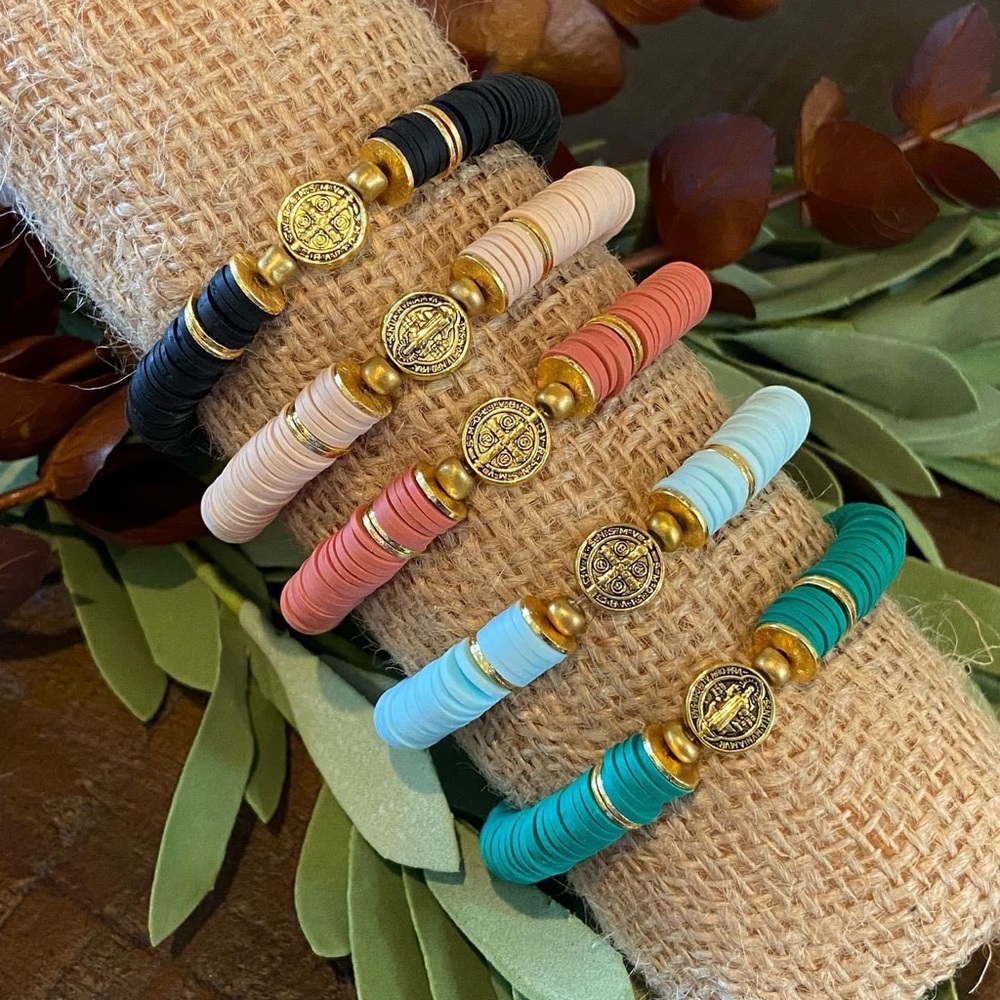 Saint Benedict charm heishi bracelets. Handmade
